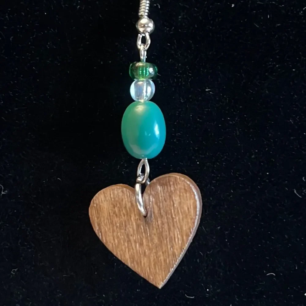Handcrafted green & clear bead wood earrings with silver tone hardware